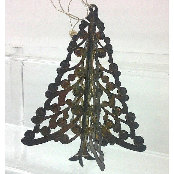 Vintage 1960s Silverplate over Brass Christmas Tree Ornament Hong Kong 3 Inch - Picture 2 of 3